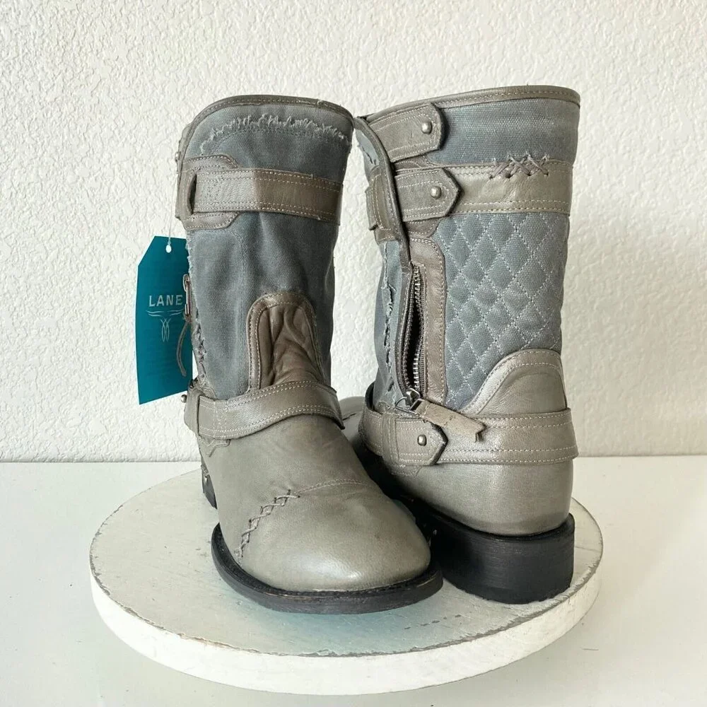 NEW Lane Womens Gray Quilted Mid-Calf Boots With Zipper & Buckle Accents Size 9